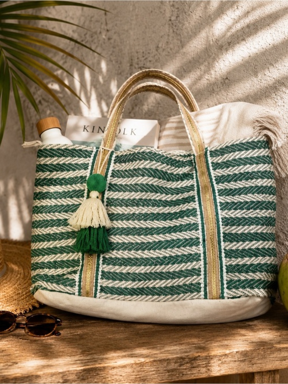 Woven Green White Tassel Tote Bag One Size Boho Coastal Resort Beach